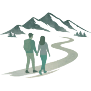 a couple hiking in front of a mountain black and white icon