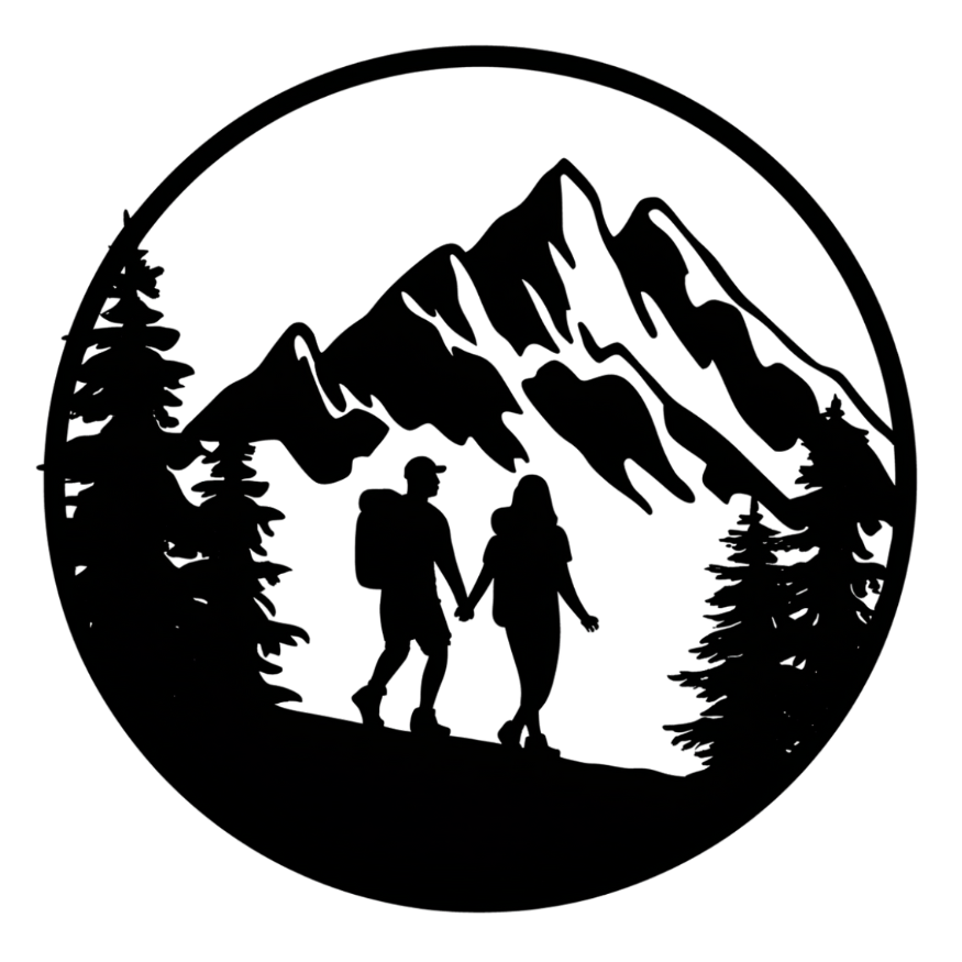 a couple hiking in front of a mountain black and white icon